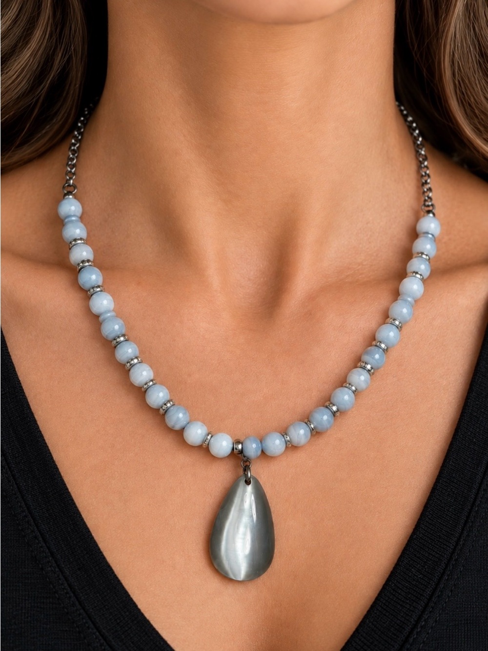 Handmade Blue Lace Agate Beaded Necklace with Gray Teardrop Pendant Boho